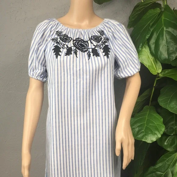 Vintage Blue & White Striped Embroidered Dress - Picture 8 of 11